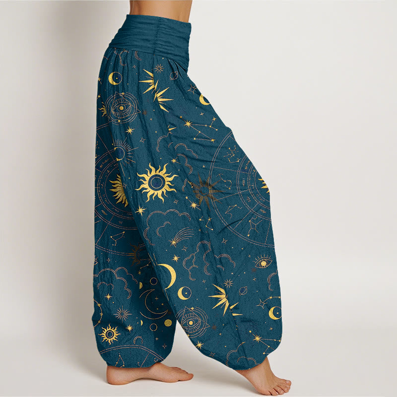 Buddha Stones Pantalones harén de algodón con cintura elástica para mujer, con estampado de sol, luna, estrellas y nubes - image 10