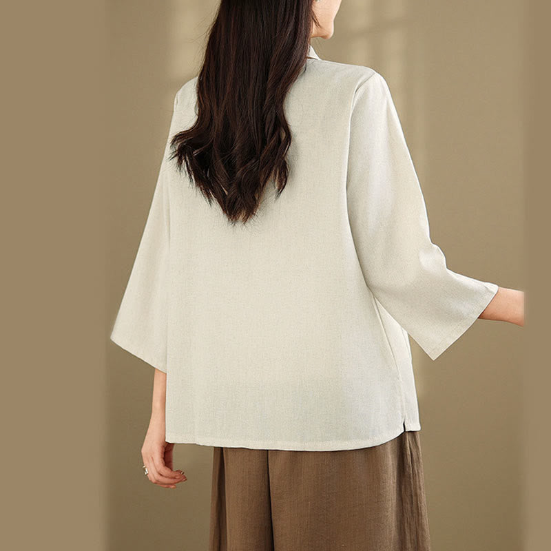 Buddha Stones Camisa de algodón para mujer con mangas tres cuartos y estampado floral bordado Commute con bolsillos - image 12