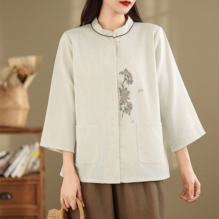 Buddha Stones Camisa de algodón para mujer con mangas tres cuartos y estampado floral bordado Commute con bolsillos - image 11