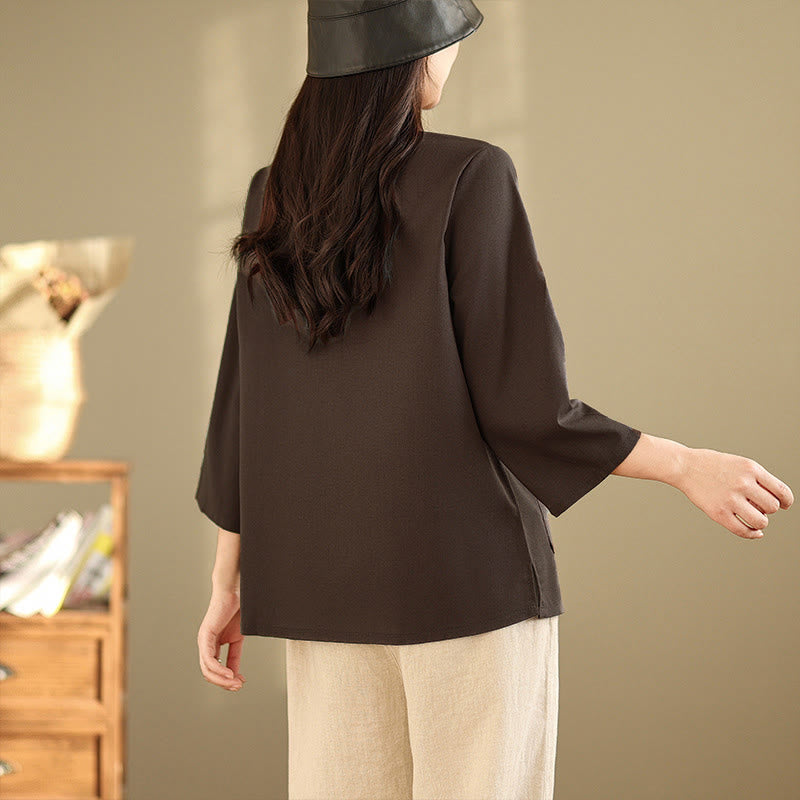 Buddha Stones Camisa de algodón para mujer con mangas tres cuartos y estampado floral bordado Commute con bolsillos - image 5