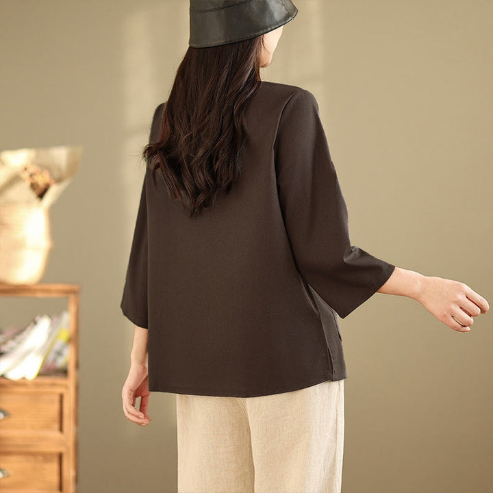 Buddha Stones Camisa de algodón para mujer con mangas tres cuartos y estampado floral bordado Commute con bolsillos - image 5