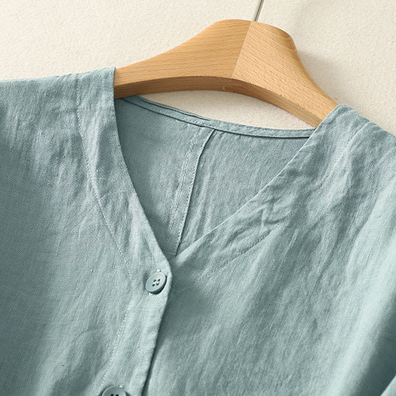 Buddha Stones Camisa de manga corta para mujer, de verano, color liso, con cuello en V y botones, diseño sencillo - image 1
