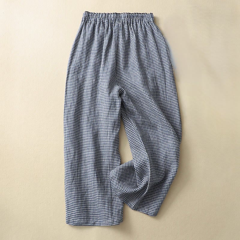 Pantalones casuales de lino y algodón con estampado a cuadros Buddha Stones Commute, de longitud 7-8, para mujer, con pernera ancha y bolsillos - Marina de guerra - US8-10，UK/AU12-14，EU40-42 (2XL) - image 0