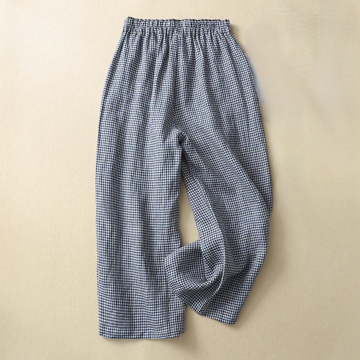 Pantalones casuales de lino y algodón con estampado a cuadros Buddha Stones Commute, de longitud 7-8, para mujer, con pernera ancha y bolsillos - Marina de guerra - US8-10，UK/AU12-14，EU40-42 (2XL) - image 0