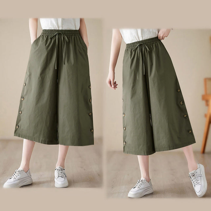 Buddha Stones Pantalones capri de pierna ancha para mujer con diseño abotonado lateral liso y bolsillos - image 13