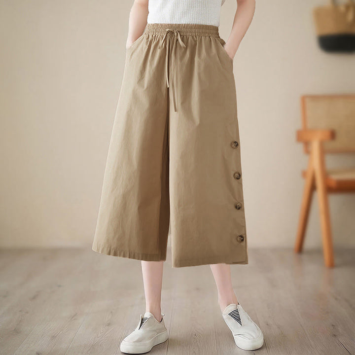 Buddha Stones Pantalones capri de pierna ancha para mujer con diseño abotonado lateral liso y bolsillos - BurlyWood - US8-10，UK/AU12-14，EU40-42 (2XL) - image 14