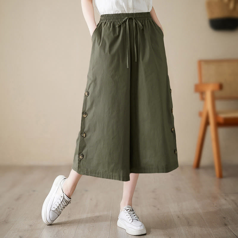 Buddha Stones Pantalones capri de pierna ancha para mujer con diseño abotonado lateral liso y bolsillos - Verde oliva oscuro - US8-10，UK/AU12-14，EU40-42 (2XL) - image 10