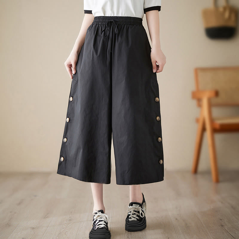 Buddha Stones Pantalones capri de pierna ancha para mujer con diseño abotonado lateral liso y bolsillos - Negro - US8-10，UK/AU12-14，EU40-42 (2XL) - image 5