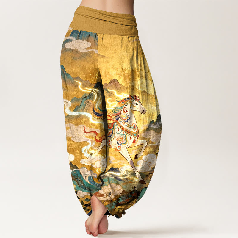 Buddha Stones Pantalones harén de algodón con cintura elástica y estampado de nubes y caballos de montaña para mujer - image 1