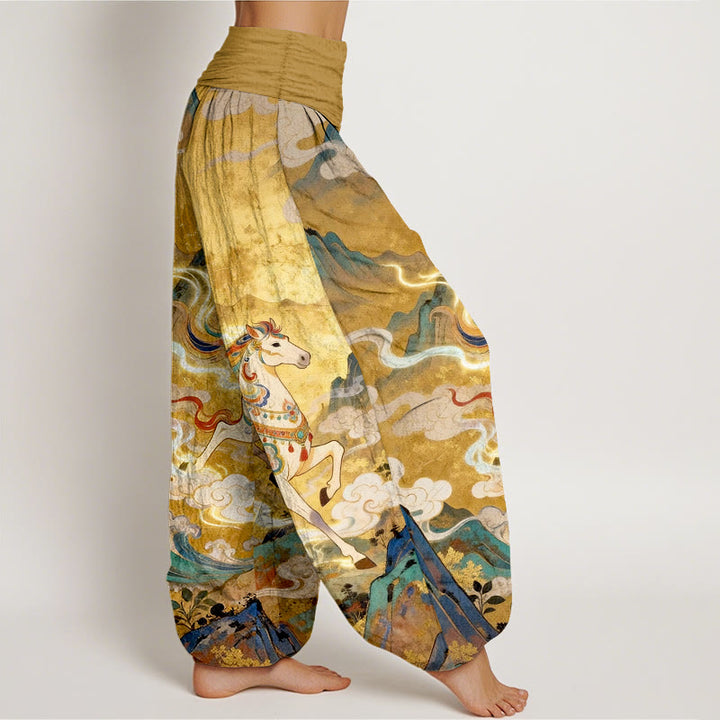 Buddha Stones Pantalones harén de algodón con cintura elástica y estampado de nubes y caballos de montaña para mujer - image 2