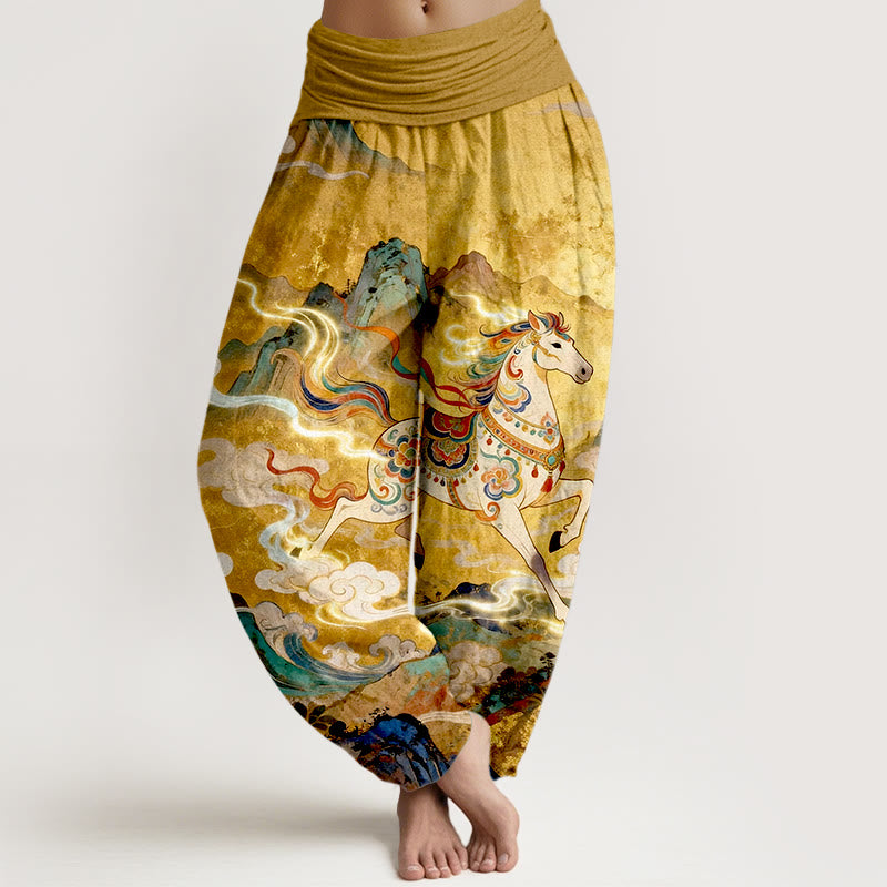 Buddha Stones Pantalones harén de algodón con cintura elástica y estampado de nubes y caballos de montaña para mujer - Vara de oro - US16，UK/AU20，EU48 (3XL) - image 0