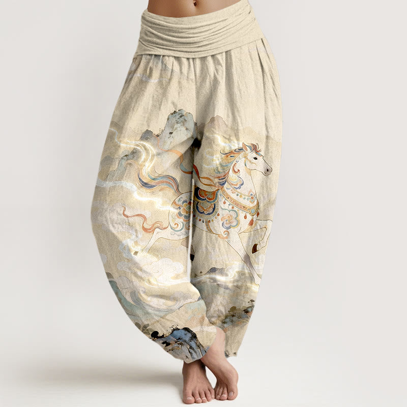 Buddha Stones Pantalones harén de algodón con cintura elástica y estampado de nubes y caballos de montaña para mujer - Amarillo vara de oro claro - US16，UK/AU20，EU48 (3XL) - image 5