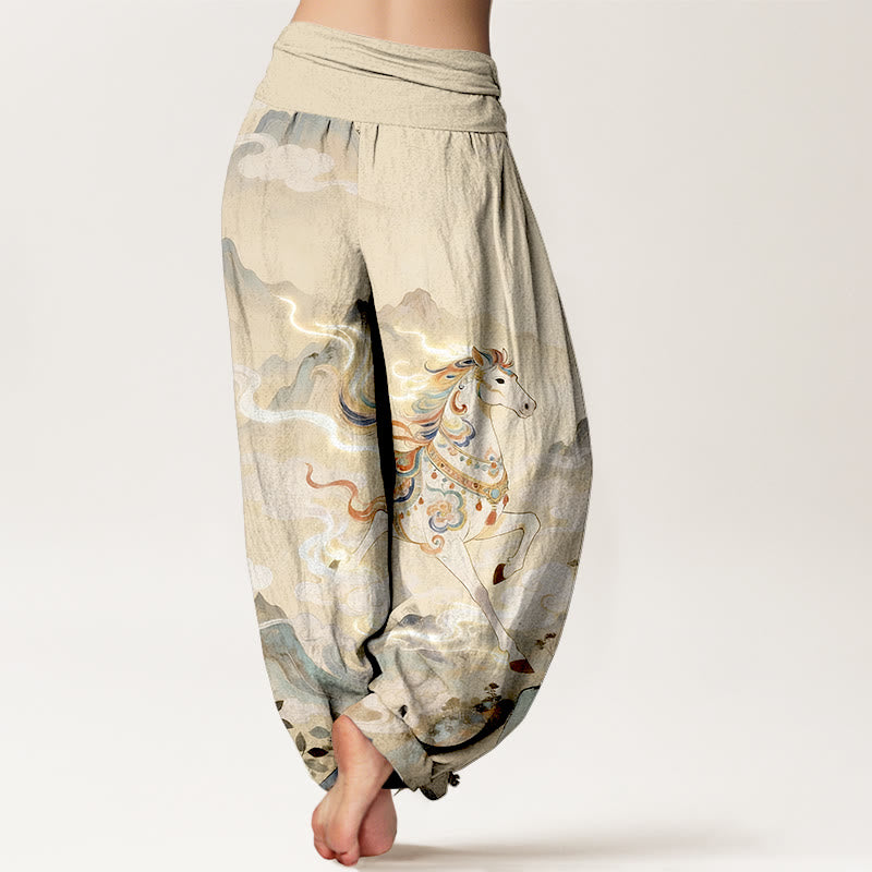 Buddha Stones Pantalones harén de algodón con cintura elástica y estampado de nubes y caballos de montaña para mujer - image 6