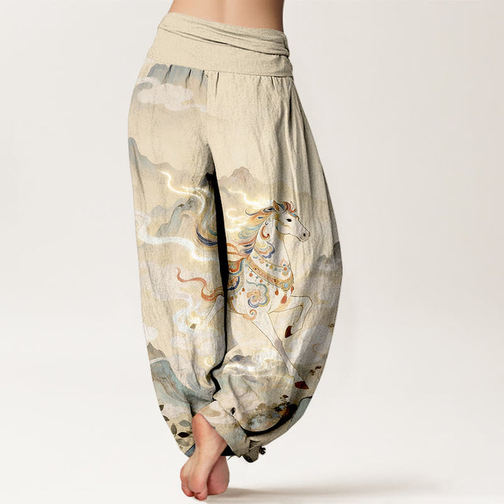 Buddha Stones Pantalones harén de algodón con cintura elástica y estampado de nubes y caballos de montaña para mujer - image 6