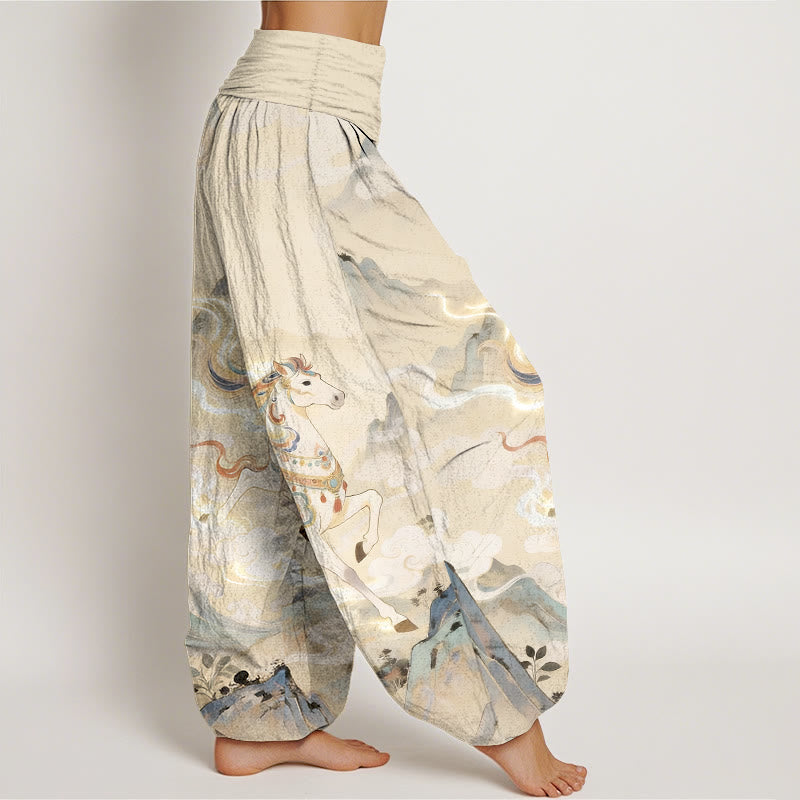 Buddha Stones Pantalones harén de algodón con cintura elástica y estampado de nubes y caballos de montaña para mujer - image 7