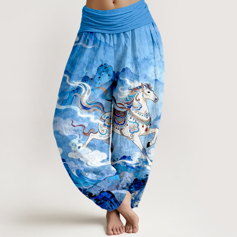Buddha Stones Pantalones harén de algodón con cintura elástica y estampado de nubes y caballos de montaña para mujer - DodgerBlue - US16，UK/AU20，EU48 (3XL) - image 8