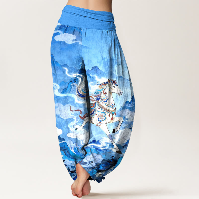 Buddha Stones Pantalones harén de algodón con cintura elástica y estampado de nubes y caballos de montaña para mujer - image 9