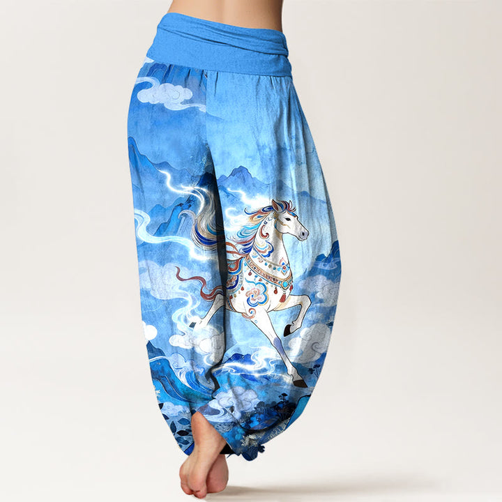 Buddha Stones Pantalones harén de algodón con cintura elástica y estampado de nubes y caballos de montaña para mujer - image 9