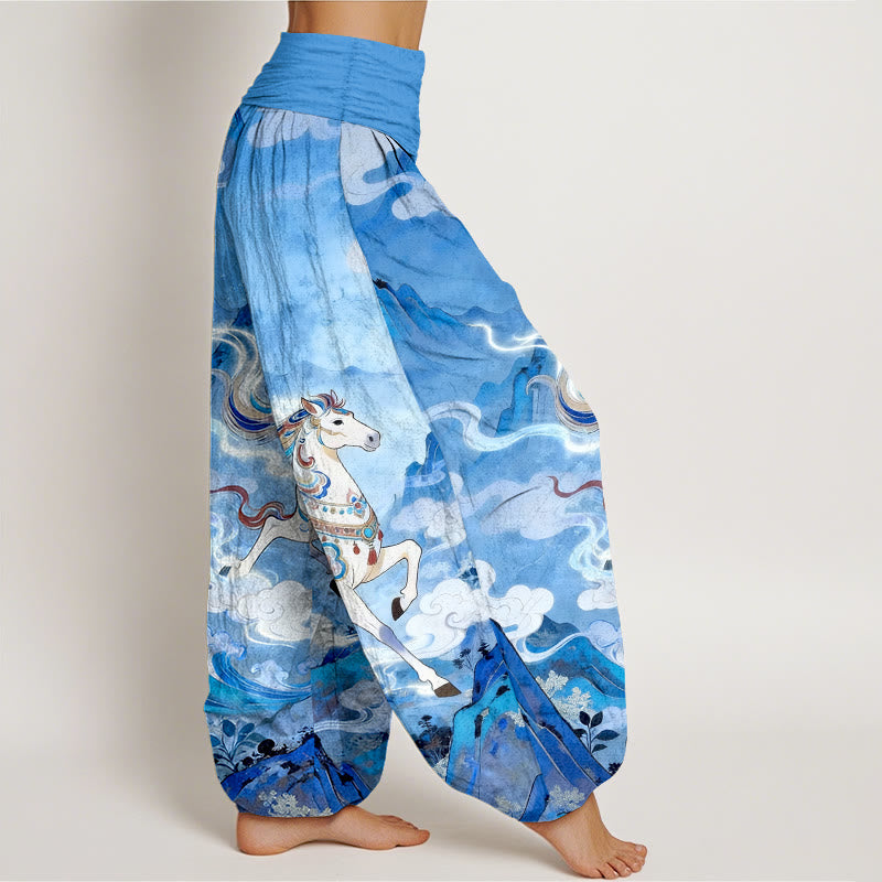 Buddha Stones Pantalones harén de algodón con cintura elástica y estampado de nubes y caballos de montaña para mujer - image 10