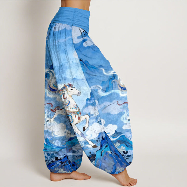 Buddha Stones Pantalones harén de algodón con cintura elástica y estampado de nubes y caballos de montaña para mujer - image 10