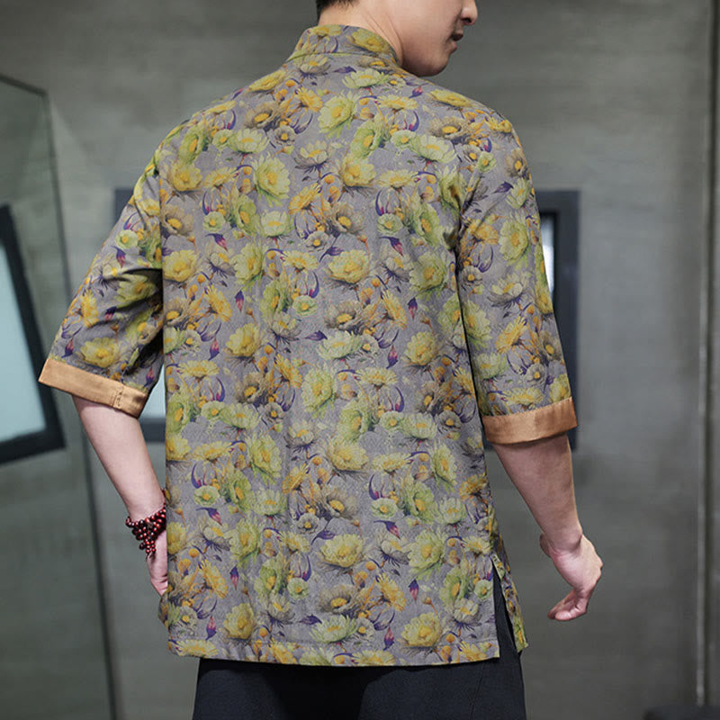 Buddha Stones Camisa de algodón para hombre, de manga corta, con estampado floral de hojas y botones de rana, de verano - image 10