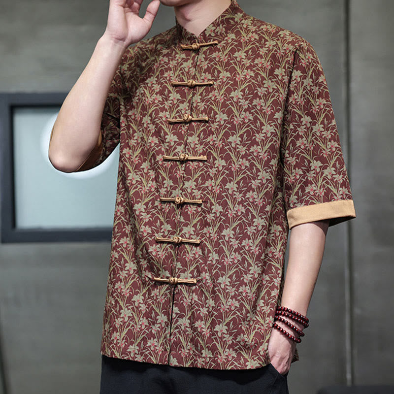 Buddha Stones Camisa de algodón para hombre, de manga corta, con estampado floral de hojas y botones de rana, de verano - image 1