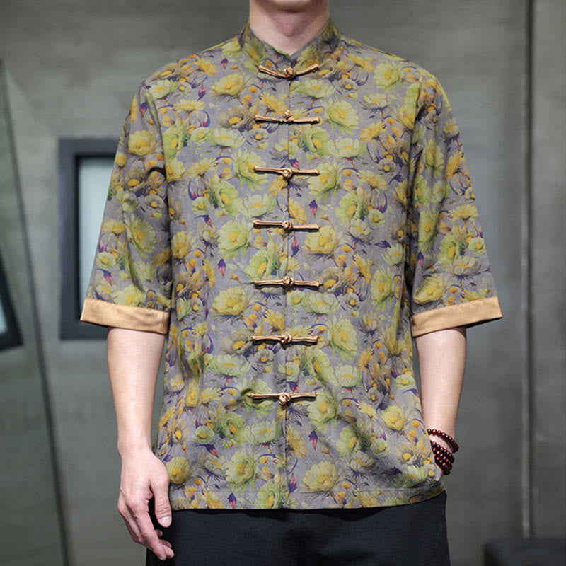 Buddha Stones Camisa de algodón para hombre, de manga corta, con estampado floral de hojas y botones de rana, de verano - image 8