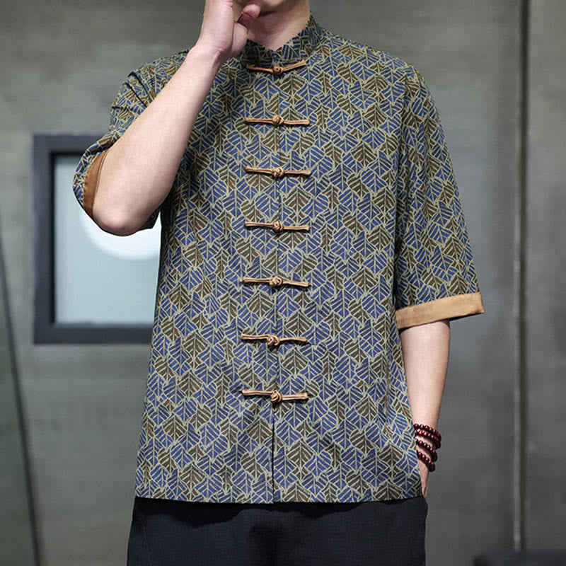 Buddha Stones Camisa de algodón para hombre, de manga corta, con estampado floral de hojas y botones de rana, de verano - image 20