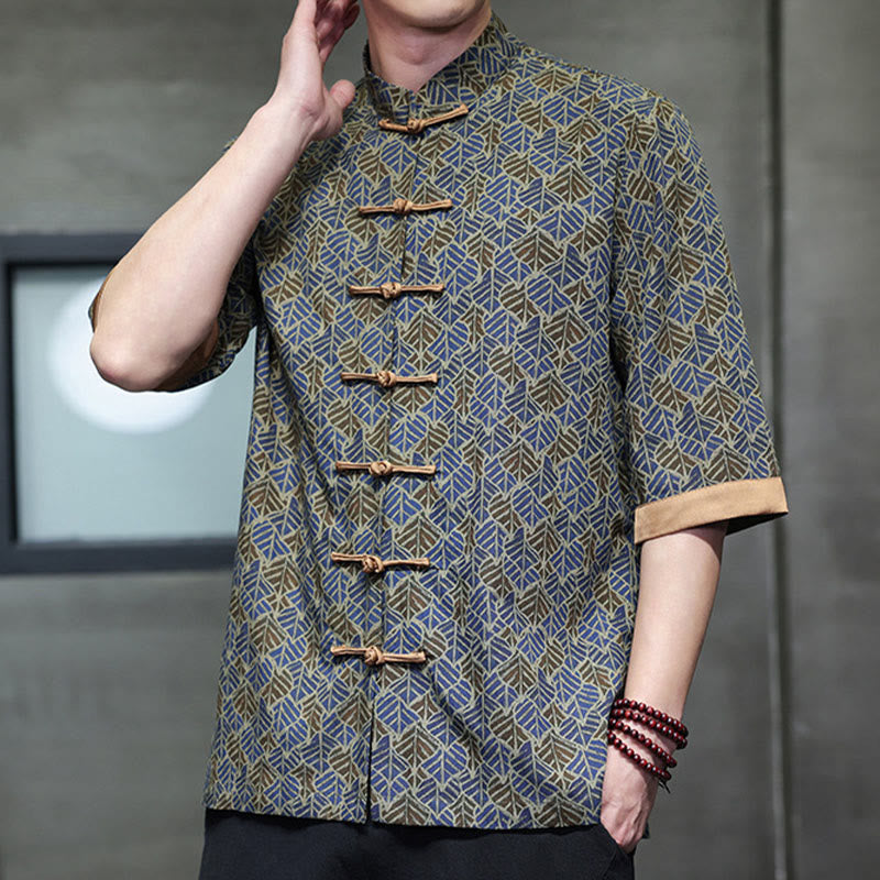 Buddha Stones Camisa de algodón para hombre, de manga corta, con estampado floral de hojas y botones de rana, de verano - image 19