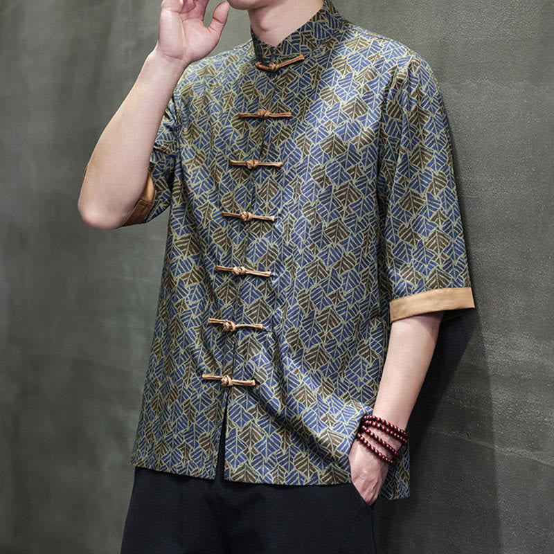 Buddha Stones Camisa de algodón para hombre, de manga corta, con estampado floral de hojas y botones de rana, de verano - image 24