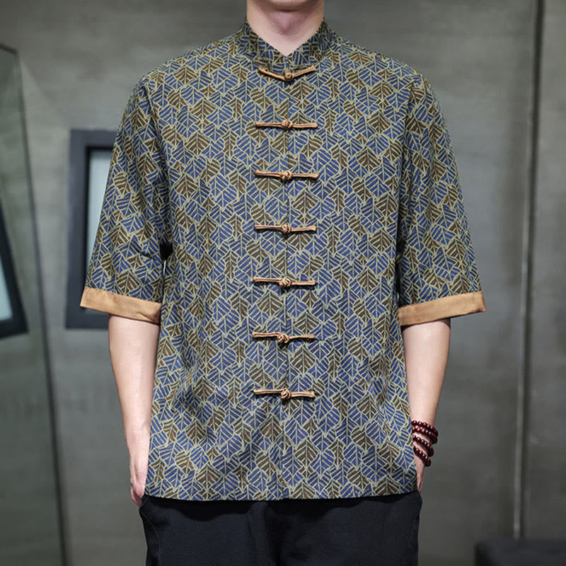 Buddha Stones Camisa de algodón para hombre, de manga corta, con estampado floral de hojas y botones de rana, de verano - image 21