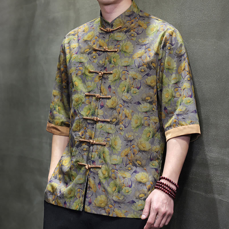 Buddha Stones Camisa de algodón para hombre, de manga corta, con estampado floral de hojas y botones de rana, de verano - image 11