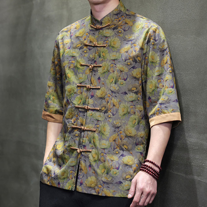 Buddha Stones Camisa de algodón para hombre, de manga corta, con estampado floral de hojas y botones de rana, de verano - image 11