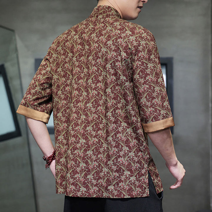 Buddha Stones Camisa de algodón para hombre, de manga corta, con estampado floral de hojas y botones de rana, de verano - image 3