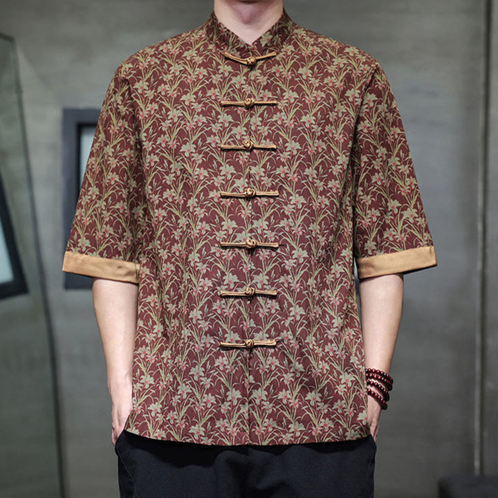 Buddha Stones Camisa de algodón para hombre, de manga corta, con estampado floral de hojas y botones de rana, de verano - image 2