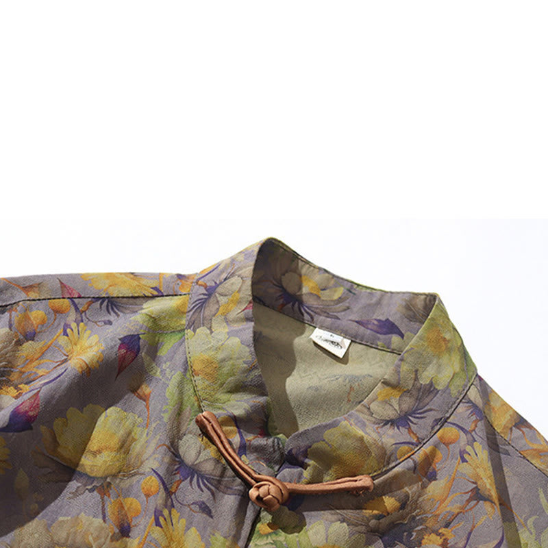 Buddha Stones Camisa de algodón para hombre, de manga corta, con estampado floral de hojas y botones de rana, de verano - image 14