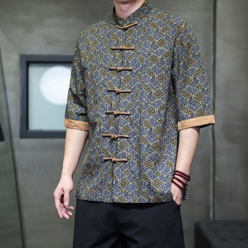 Buddha Stones Camisa de algodón para hombre, de manga corta, con estampado floral de hojas y botones de rana, de verano - Azul real - US/UK/AU46, EU56 (5XL) - image 18