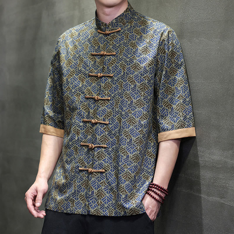 Buddha Stones Camisa de algodón para hombre, de manga corta, con estampado floral de hojas y botones de rana, de verano - image 23