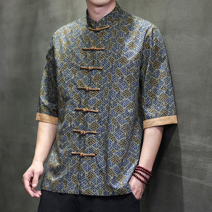 Buddha Stones Camisa de algodón para hombre, de manga corta, con estampado floral de hojas y botones de rana, de verano - image 23