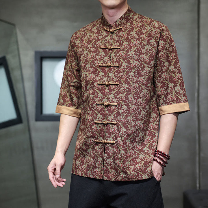 Buddha Stones Camisa de algodón para hombre, de manga corta, con estampado floral de hojas y botones de rana, de verano - Rojo oscuro - US/UK/AU46, EU56 (5XL) - image 0