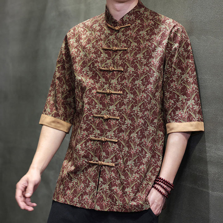 Buddha Stones Camisa de algodón para hombre, de manga corta, con estampado floral de hojas y botones de rana, de verano - image 4