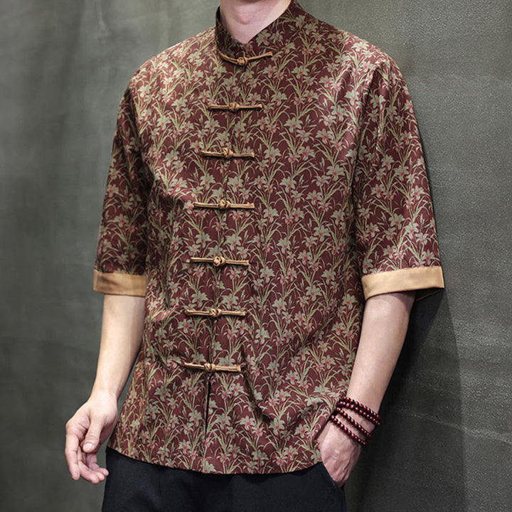 Buddha Stones Camisa de algodón para hombre, de manga corta, con estampado floral de hojas y botones de rana, de verano - image 5