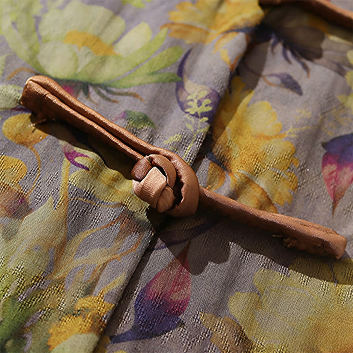 Buddha Stones Camisa de algodón para hombre, de manga corta, con estampado floral de hojas y botones de rana, de verano - image 15