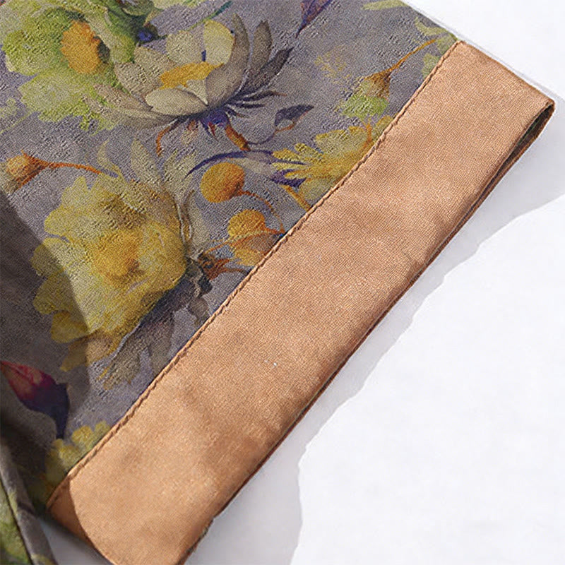 Buddha Stones Camisa de algodón para hombre, de manga corta, con estampado floral de hojas y botones de rana, de verano - image 16