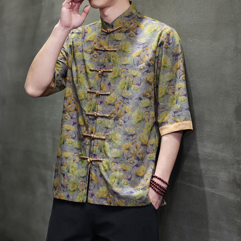 Buddha Stones Camisa de algodón para hombre, de manga corta, con estampado floral de hojas y botones de rana, de verano - image 13
