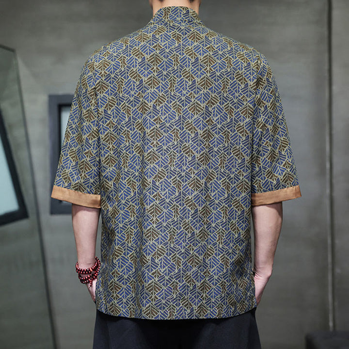 Buddha Stones Camisa de algodón para hombre, de manga corta, con estampado floral de hojas y botones de rana, de verano - image 22