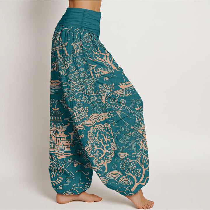 Buddha Stones Pantalones harén de algodón con cintura elástica para mujer, con diseño de nubes y árboles - image 2