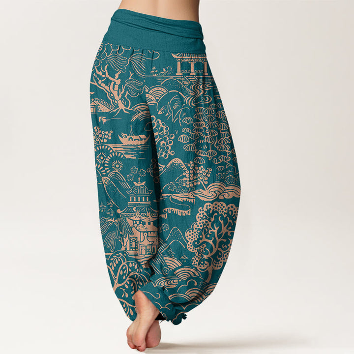 Buddha Stones Pantalones harén de algodón con cintura elástica para mujer, con diseño de nubes y árboles - image 1