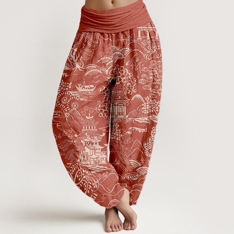 Buddha Stones Pantalones harén de algodón con cintura elástica para mujer, con diseño de nubes y árboles - Tomate - US16，UK/AU20，EU48 (3XL) - image 5