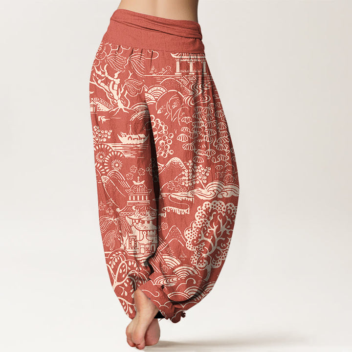 Buddha Stones Pantalones harén de algodón con cintura elástica para mujer, con diseño de nubes y árboles - image 6